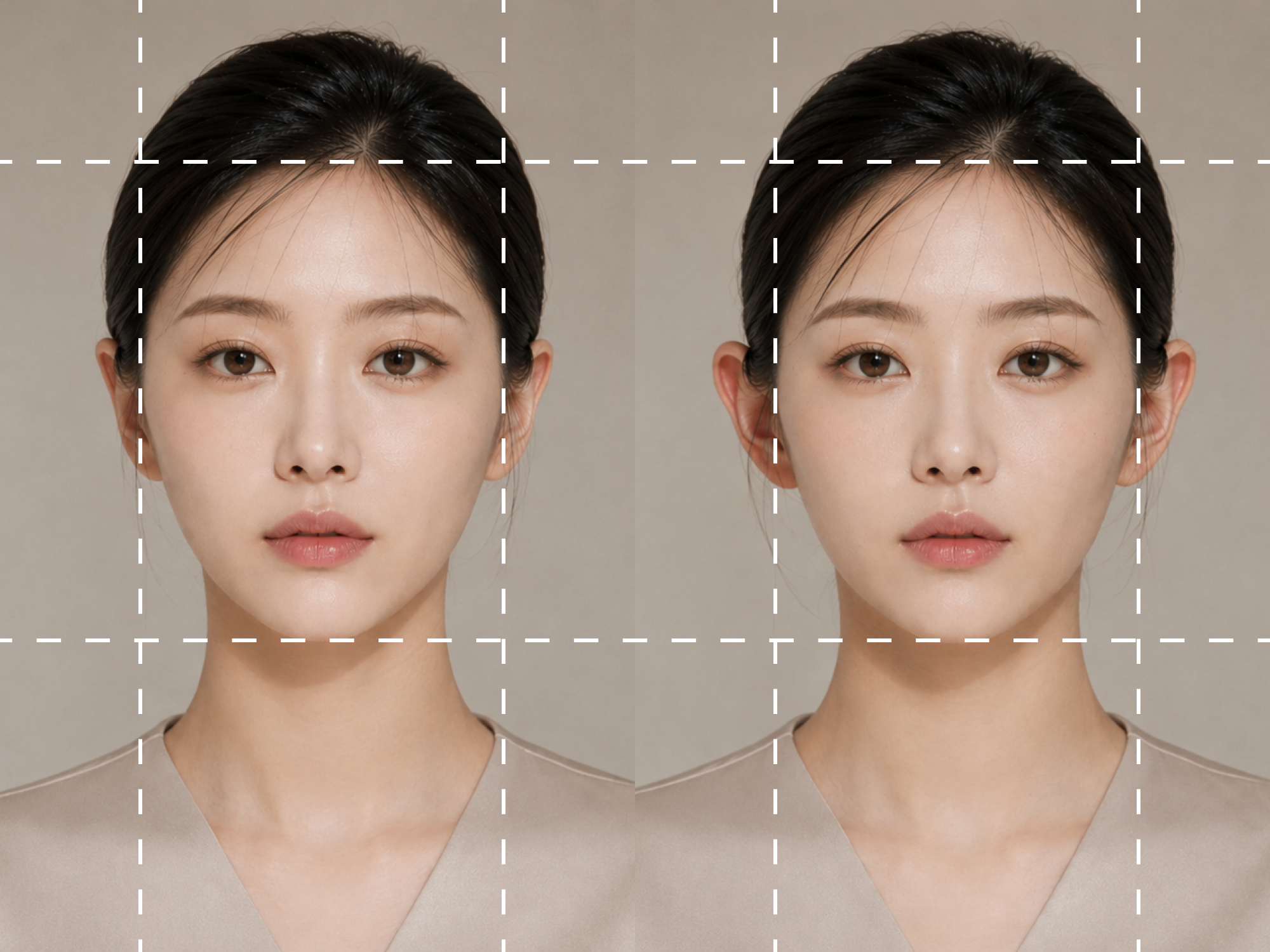 좌우 얼굴폭이 동일함을 보여주는 비교